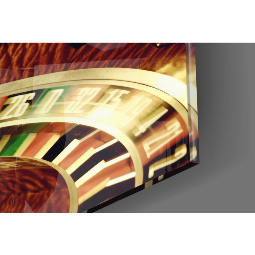 Vibrant casino roulette wheel in glossy acrylic frame glass wall art