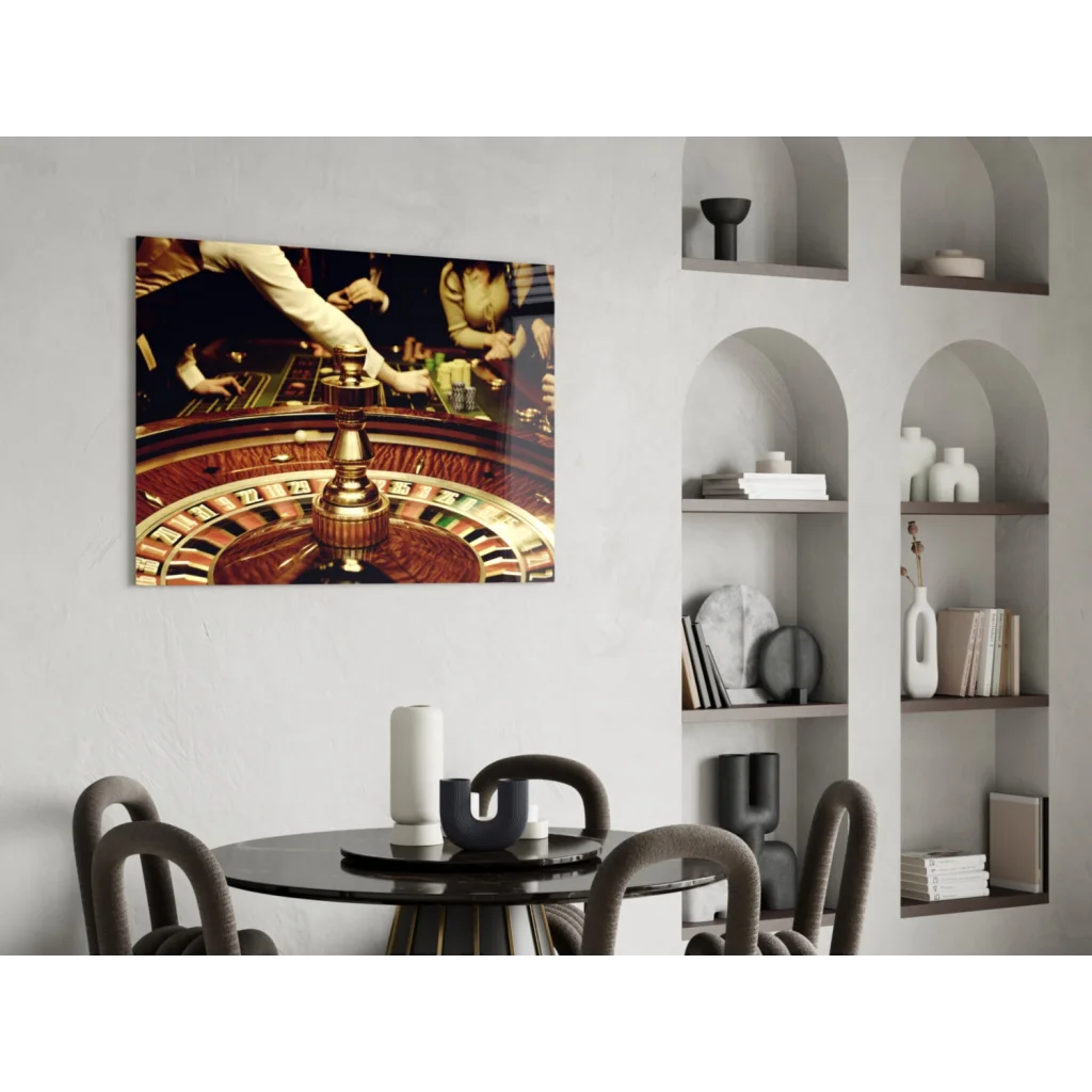 Close-up casino roulette wheel glass wall art print on white wall