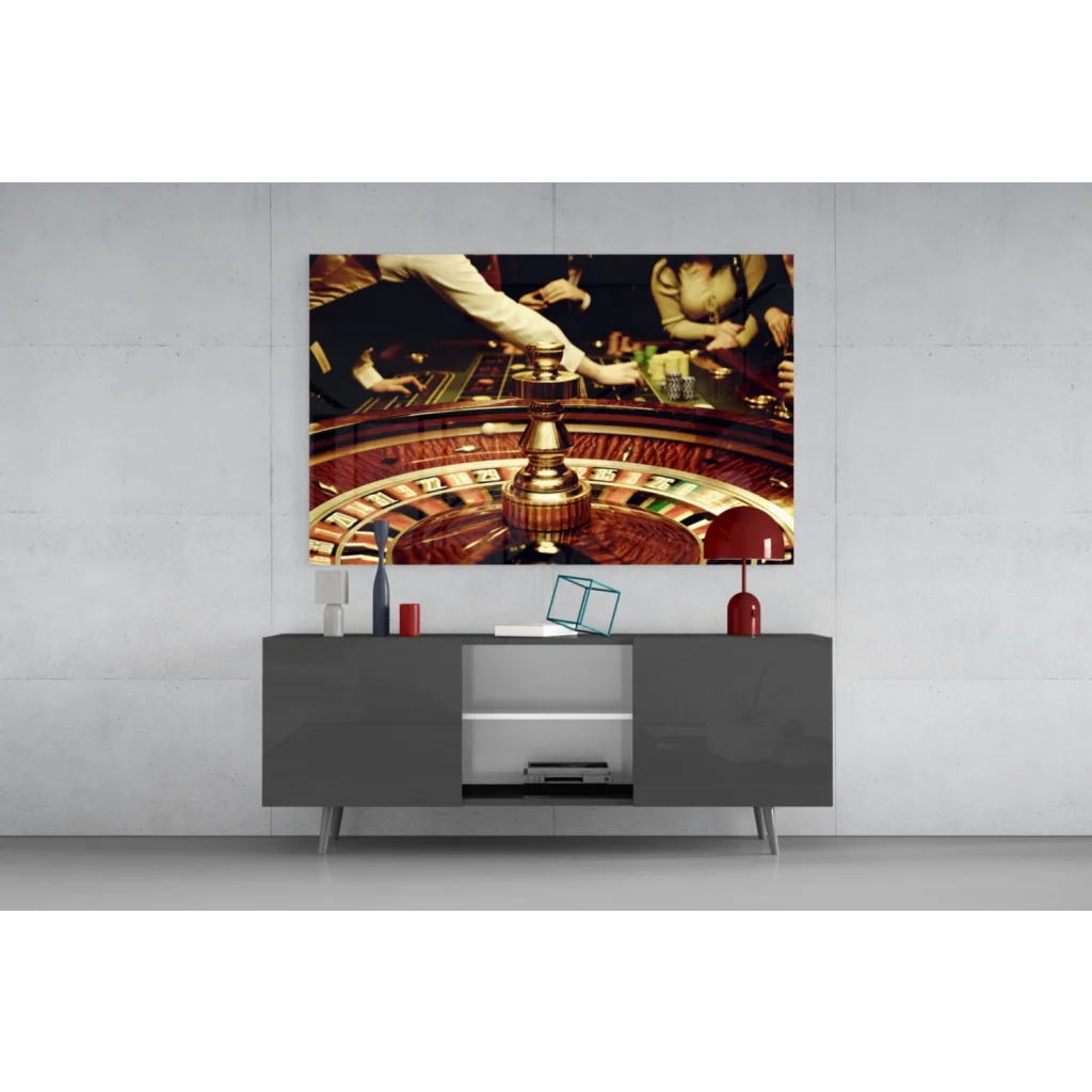 Vibrant glass wall art of casino roulette wheel in red and gold tones