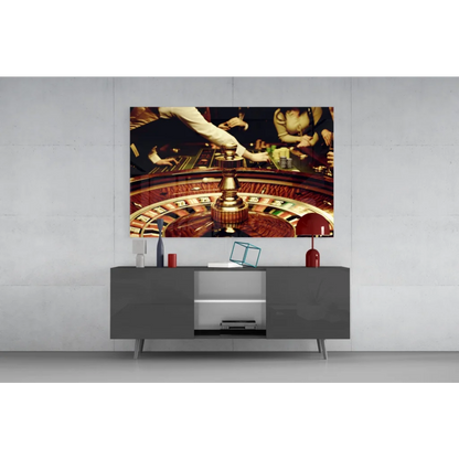 Vibrant glass wall art of casino roulette wheel in red and gold tones