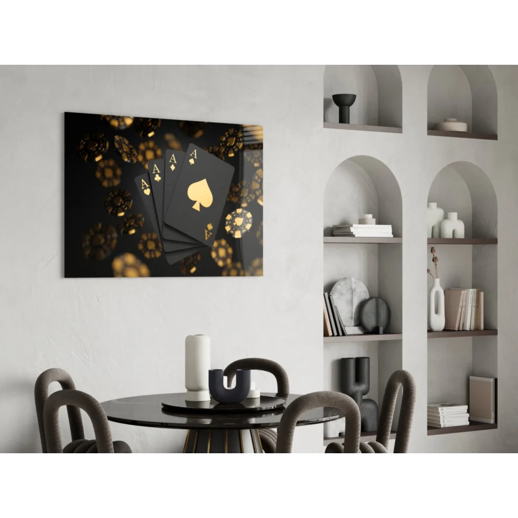 Luxury black gold poker cards glass wall art with four aces and chips