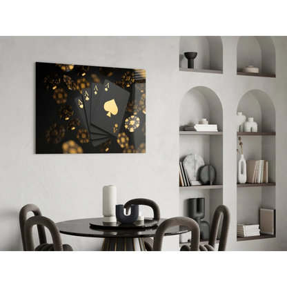 Luxury black gold poker cards glass wall art with four aces and chips
