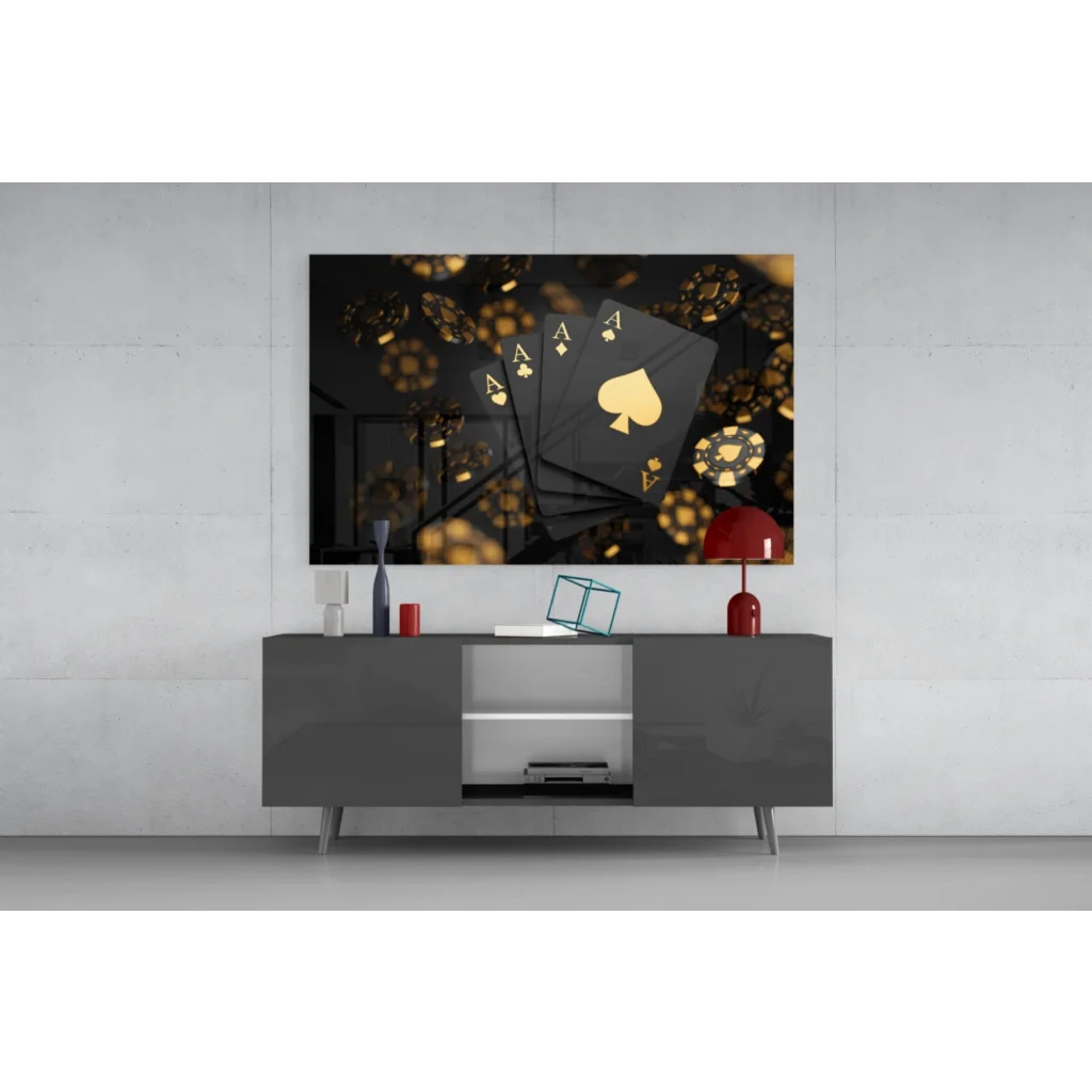 Luxury black gold poker glass wall art with four aces and chips