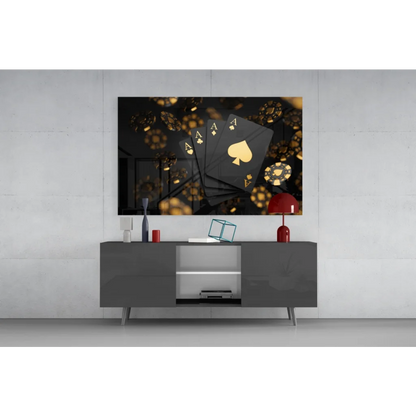 Luxury black gold poker glass wall art with four aces and chips