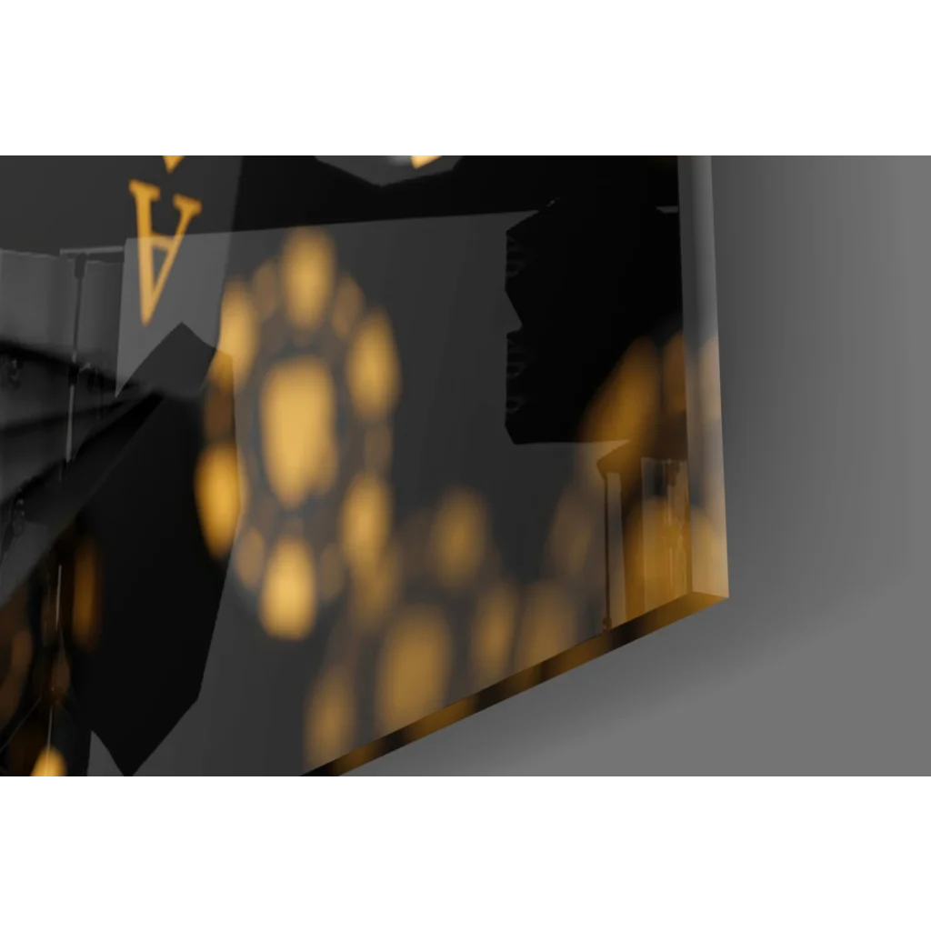 Sleek black gold glass wall art with glowing circular patterns