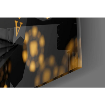 Sleek black gold glass wall art with glowing circular patterns