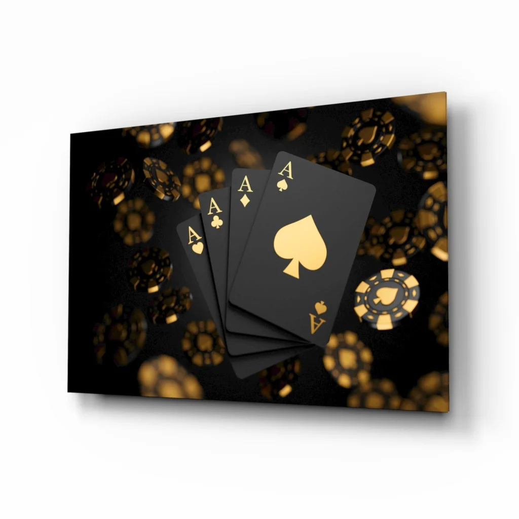 Luxury black gold poker cards glass wall art with five aces and chips
