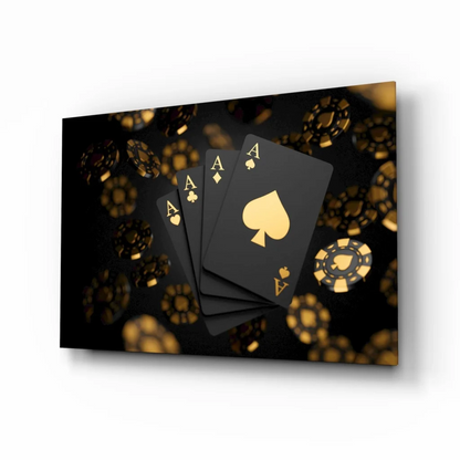 Luxury black gold poker cards glass wall art with five aces and chips