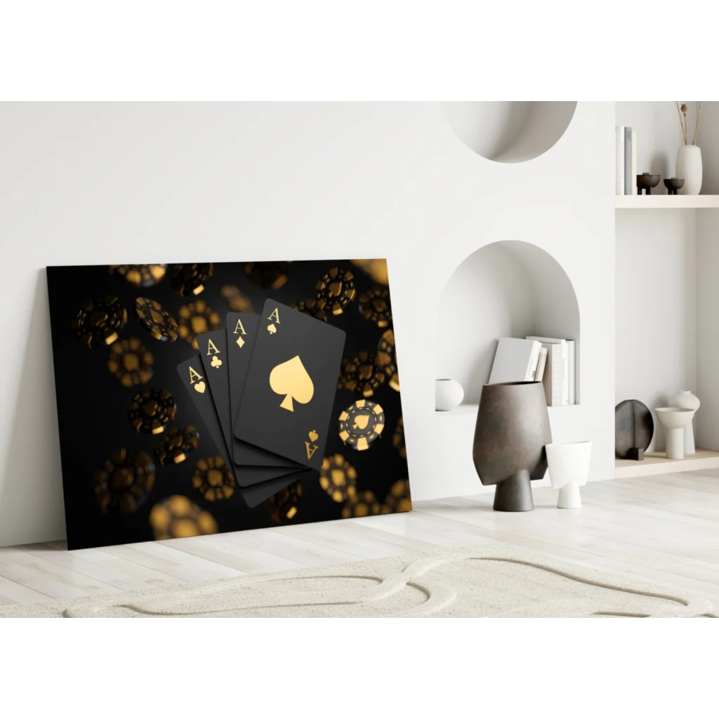 Luxury black gold poker cards glass wall art canvas print