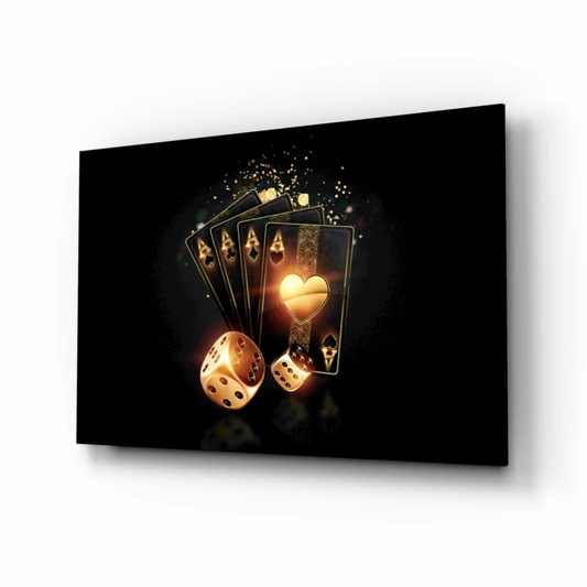 Glossy black canvas wall art with golden casino cards and dice