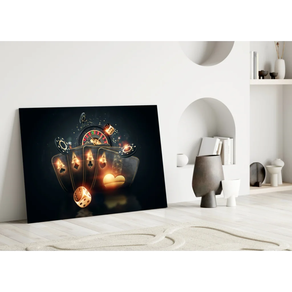 Glossy black canvas wall art with golden glowing casino cards, dice, roulette