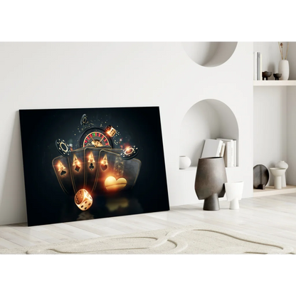 Glossy black canvas wall art with golden glowing casino cards, dice, roulette
