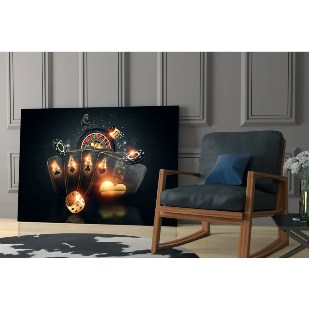 Golden Casino Glow glossy glass wall art with glowing aces, roulette, dice