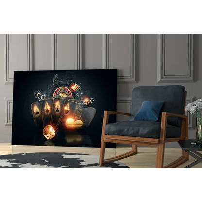 Golden Casino Glow glossy glass wall art with glowing aces, roulette, dice