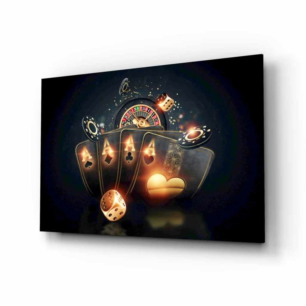 Glossy black Golden Casino Glow canvas wall art with glowing aces, dice, roulette