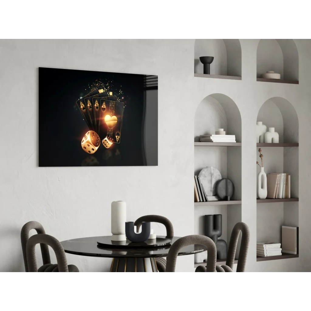 Glossy black framed canvas wall art of glowing golden poker hand and dice