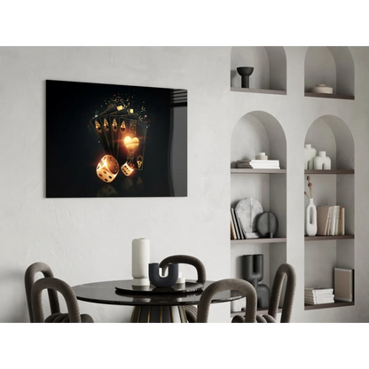 Glossy black framed canvas wall art of glowing golden poker hand and dice