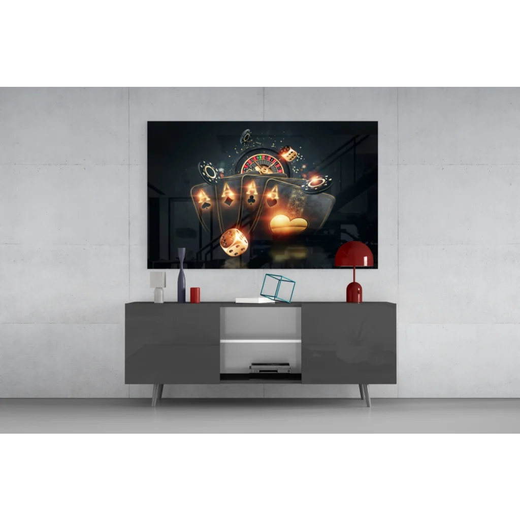 Glossy black framed Golden Casino Glow canvas wall art with glowing cards, dice, roulette