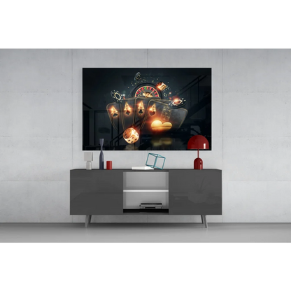 Glossy black framed Golden Casino Glow canvas wall art with glowing cards, dice, roulette