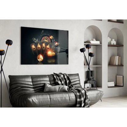 Glossy black canvas wall art with golden casino glow elements
