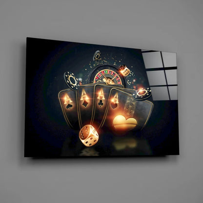 Glossy black Golden Casino Glow wall art with gold poker chips, dice, roulette