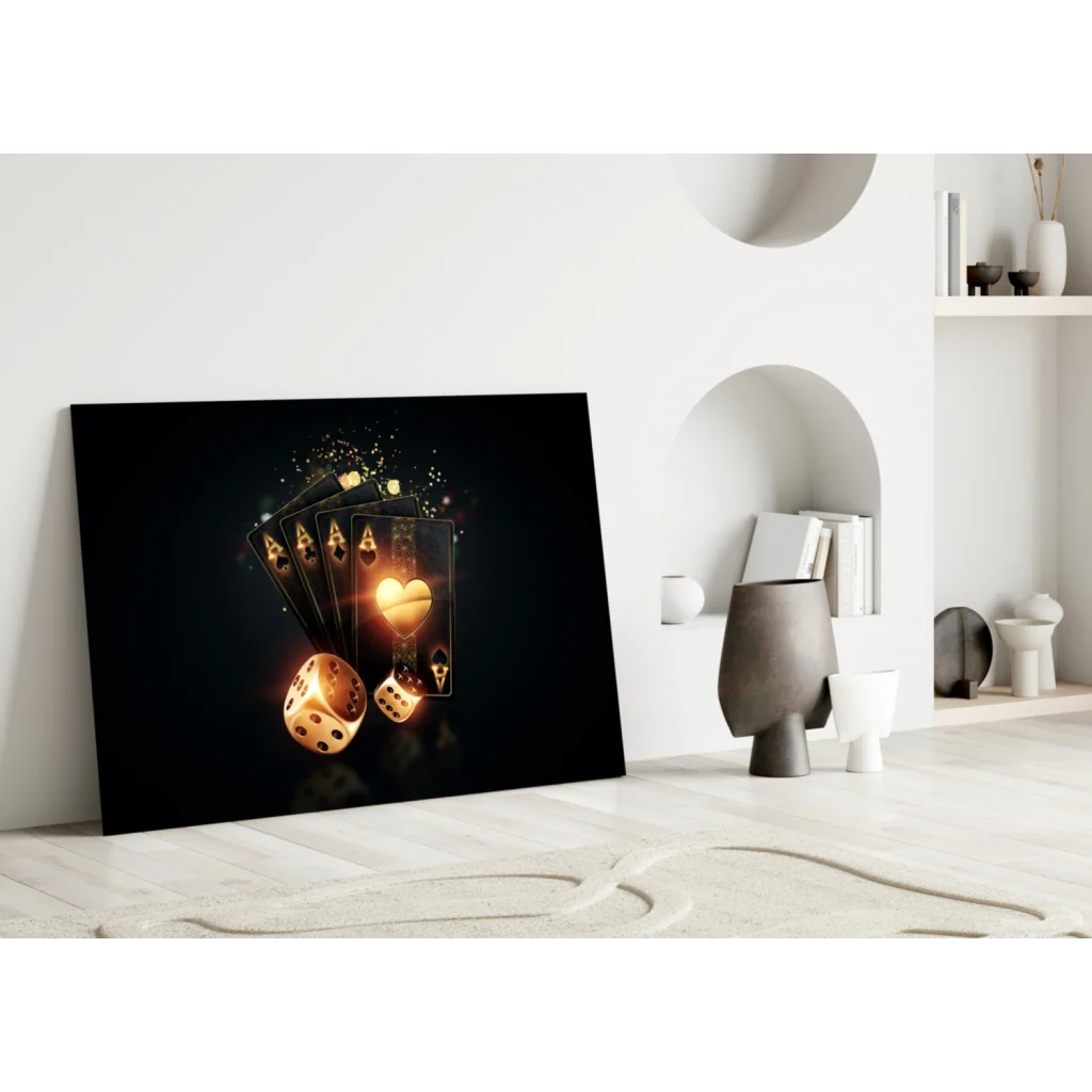 Glowing gold casino cards and dice on black canvas wall art print