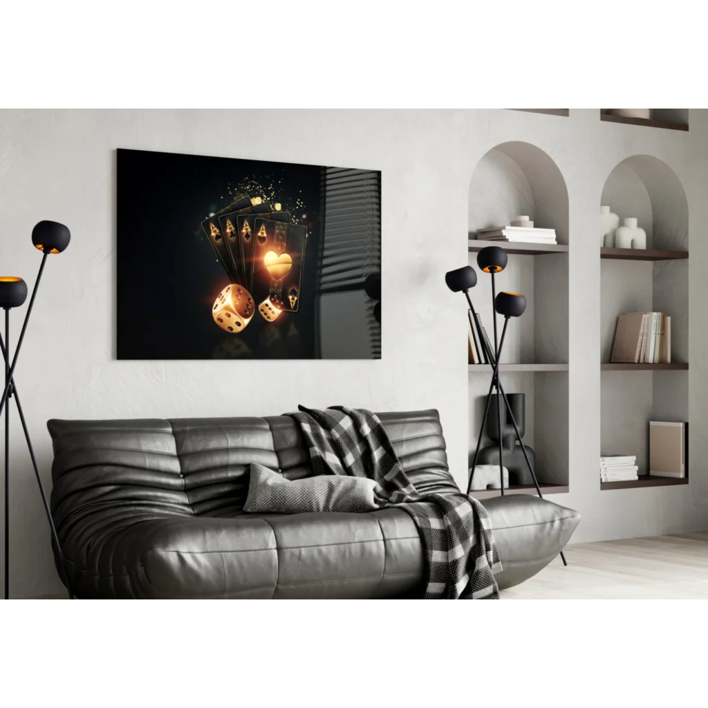 Glowing golden casino cards and dice on glossy black wall art canvas print