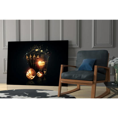 Glossy black canvas wall art with glowing golden poker hand and dice