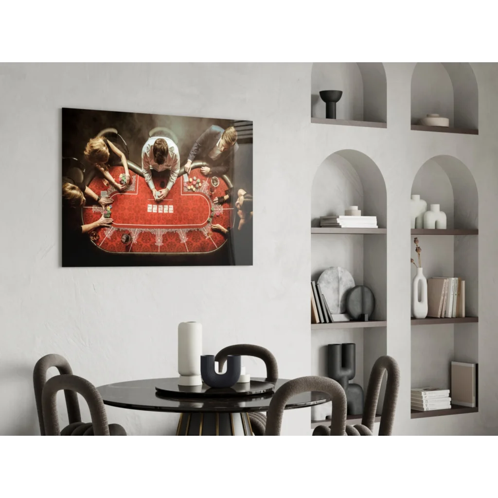 Vibrant red poker table glass wall art canvas print with players