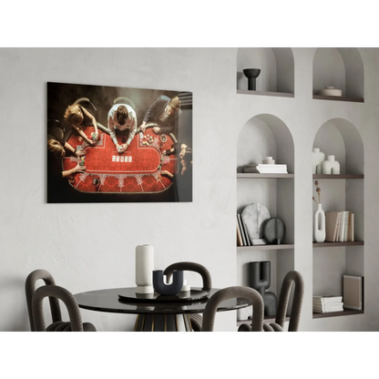Vibrant red poker table glass wall art canvas print with players
