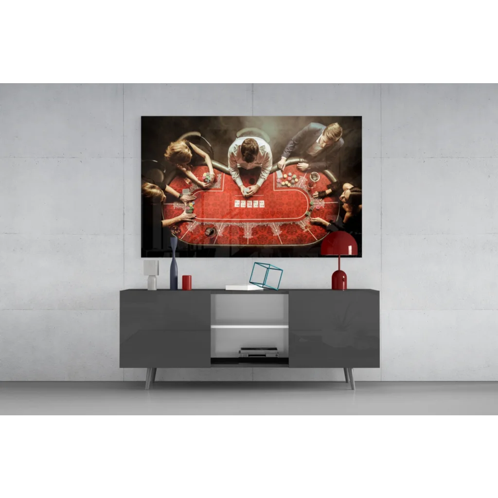 Sleek gray media console with minimalist glass wall art print