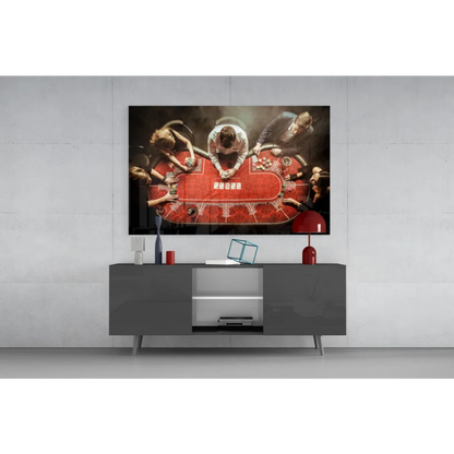 Sleek gray media console with minimalist glass wall art print
