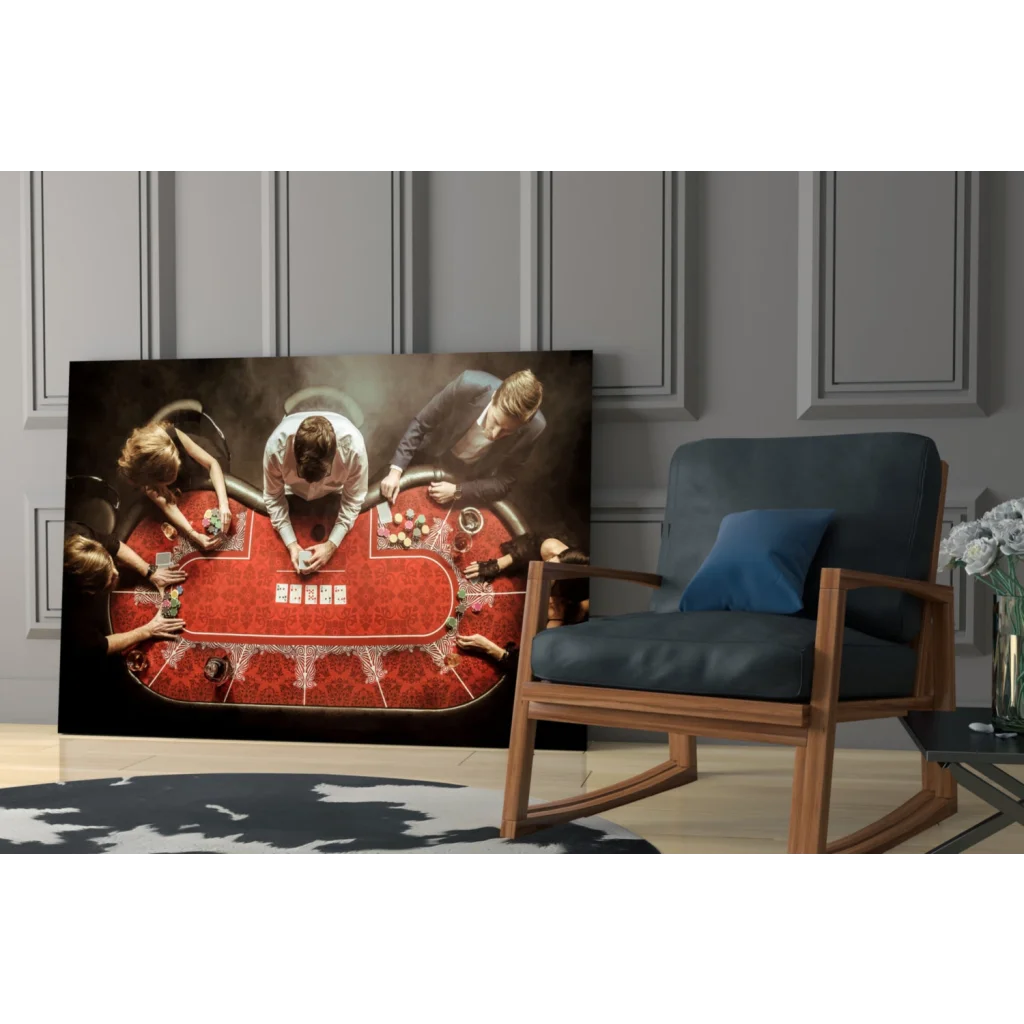 Red poker table glass wall art canvas with players, chips, cards