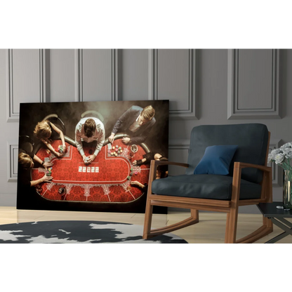 Red poker table glass wall art canvas with players, chips, cards