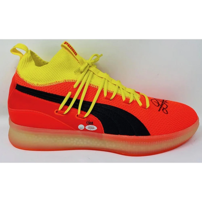 Vibrant orange yellow Puma Game Day Legends Deandre Ayton signed basketball shoe