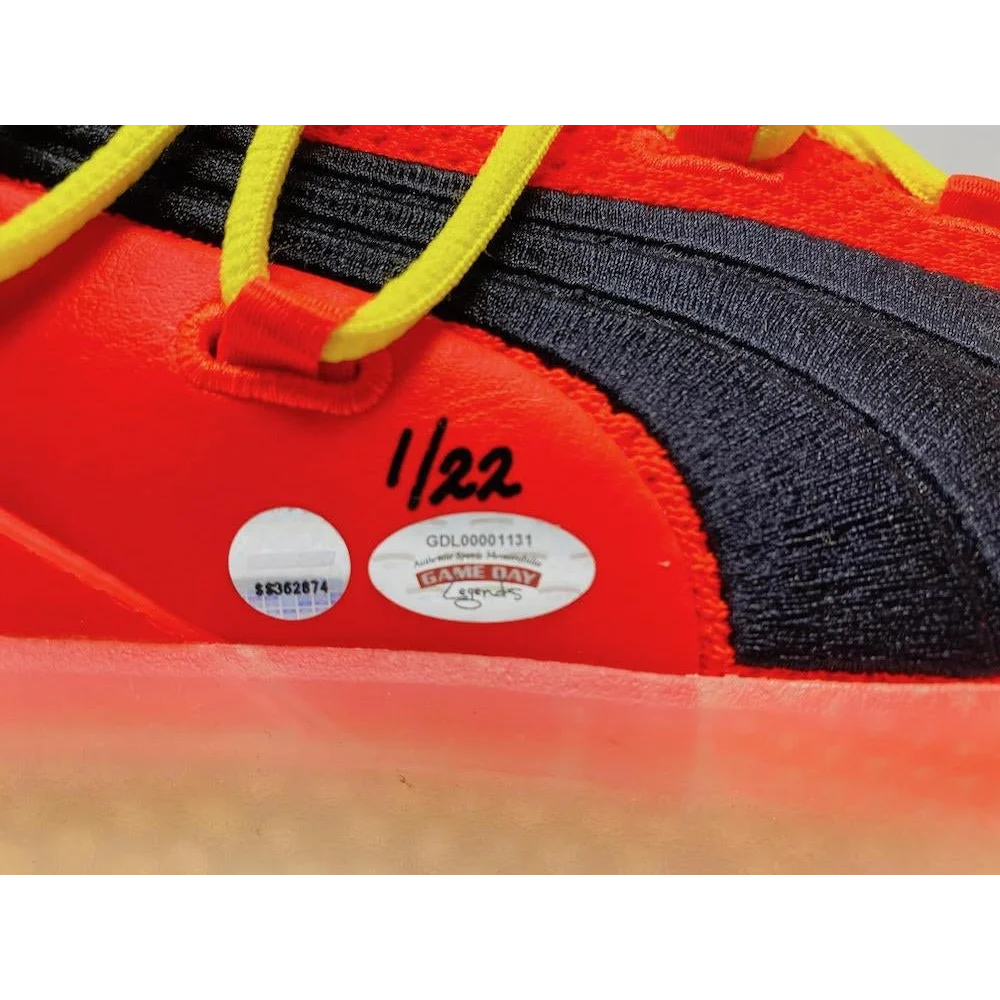 Game Day Legends Deandre Ayton signed Puma Clyde basketball shoes with red, black, and yellow laces