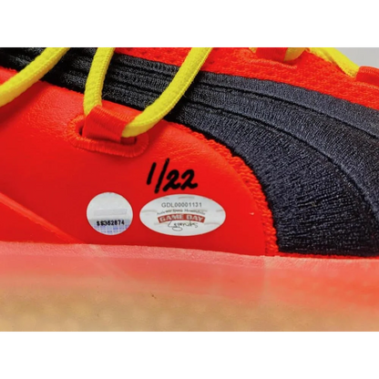 Game Day Legends Deandre Ayton signed Puma Clyde basketball shoes with red, black, and yellow laces