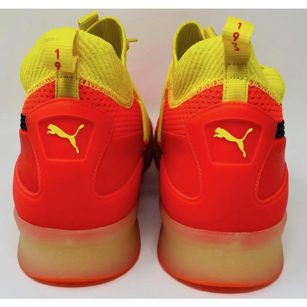 Vibrant red and yellow Puma sneakers from Game Day Legends Deandre Ayton collection