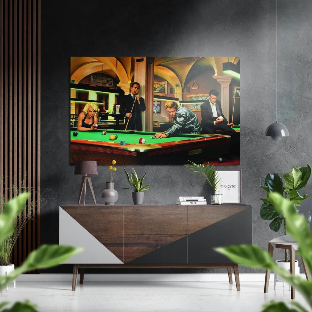 Vibrant pool hall scene on brushed aluminium dibond art