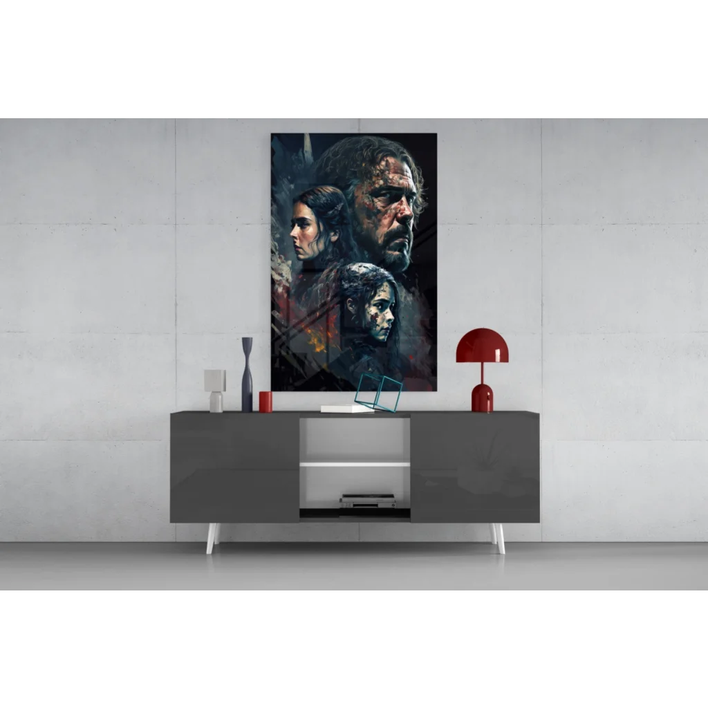 Epic Game of Thrones canvas wall art with three characters on gray console