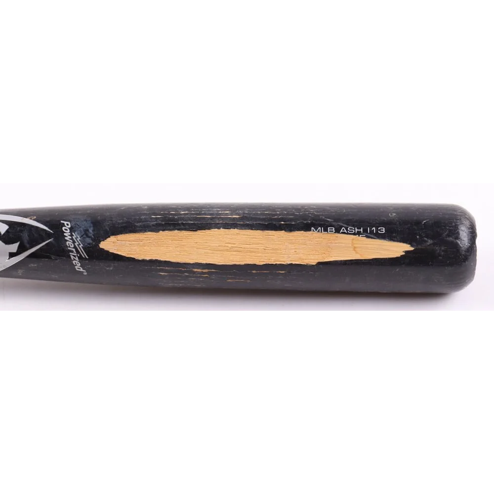 Black Louisville Slugger baseball bat with natural wood grain signed by Jonny Gomes