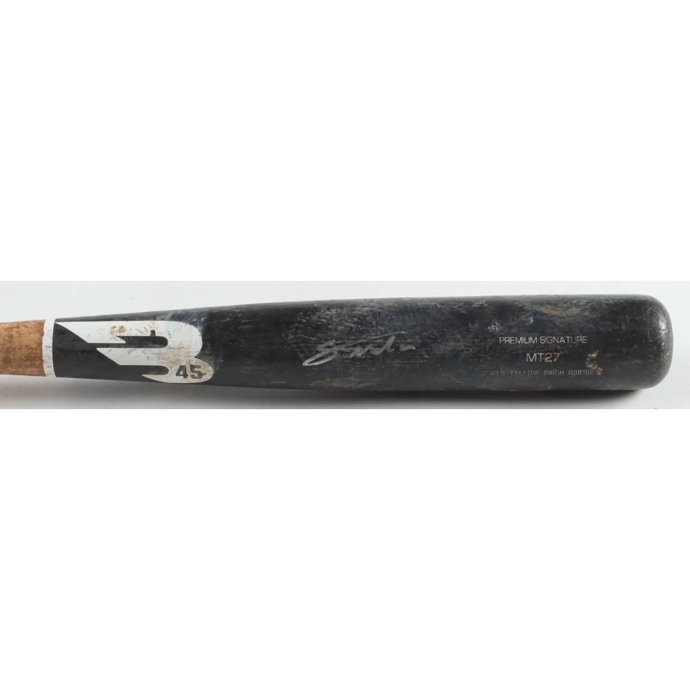 Black baseball bat with corked handle from Noelvi Marte signed game used bat