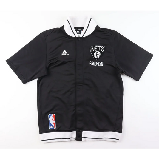 Black short-sleeved Adidas Brooklyn Nets jacket with white trim, Donald Sloan fanatics hologram