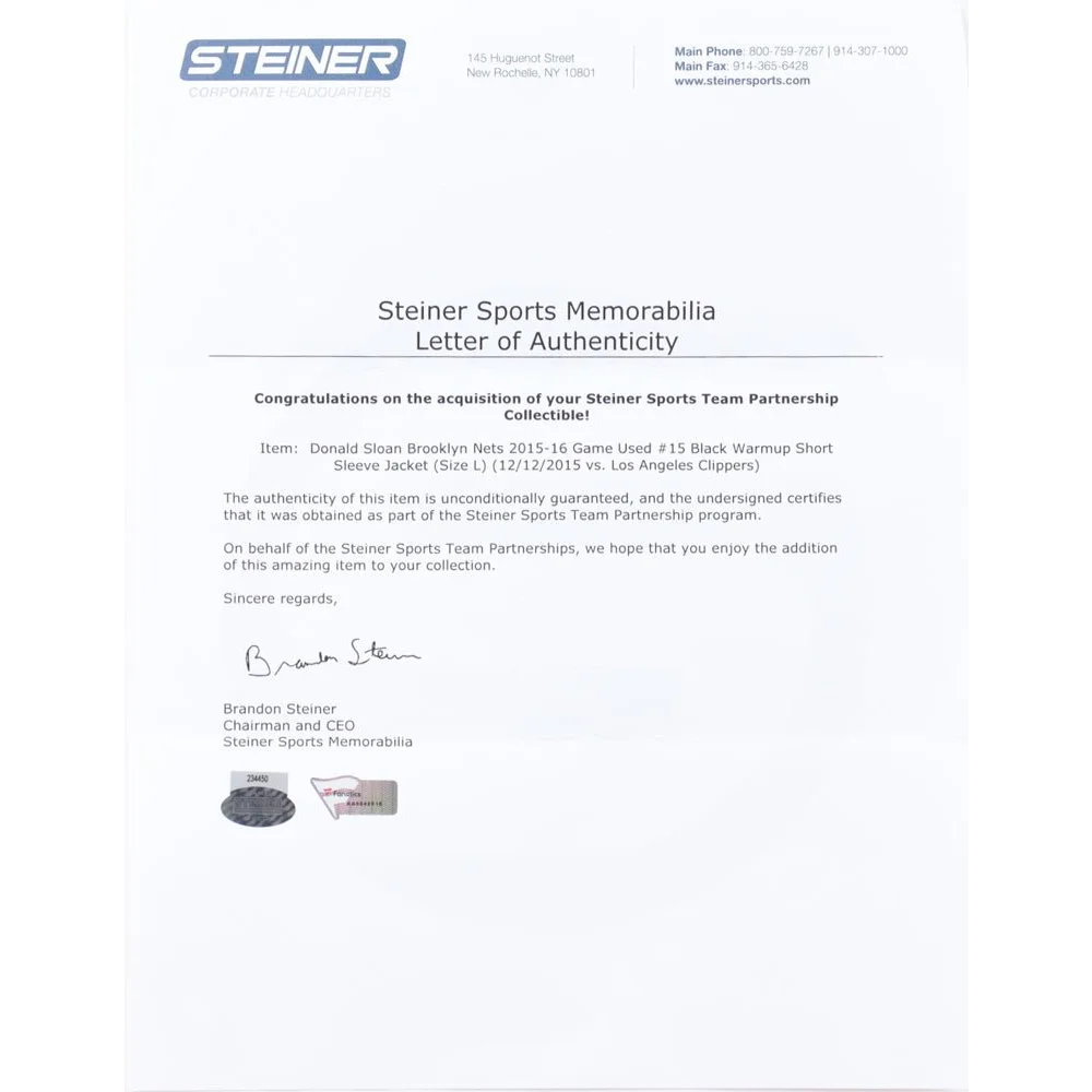 Letter of authenticity for Donald Sloan Brooklyn Nets game-worn warmup jacket with Steiner LOA and Fanatics hologram