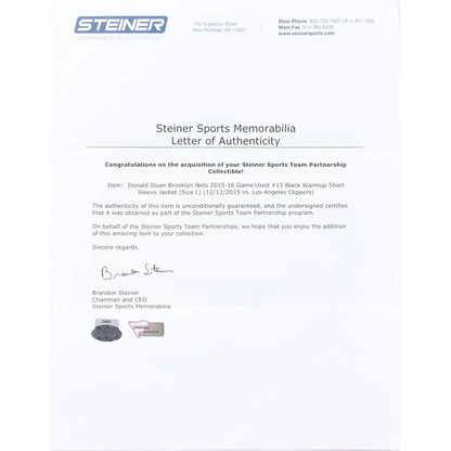 Letter of authenticity for Donald Sloan Brooklyn Nets game-worn warmup jacket with Steiner LOA and Fanatics hologram