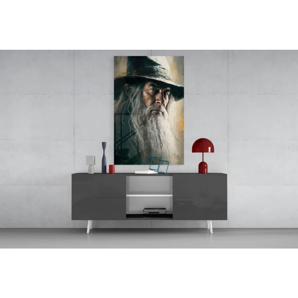 Gandalf the Grey portrait glass wall art with dramatic lighting