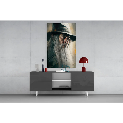 Gandalf the Grey portrait glass wall art with dramatic lighting