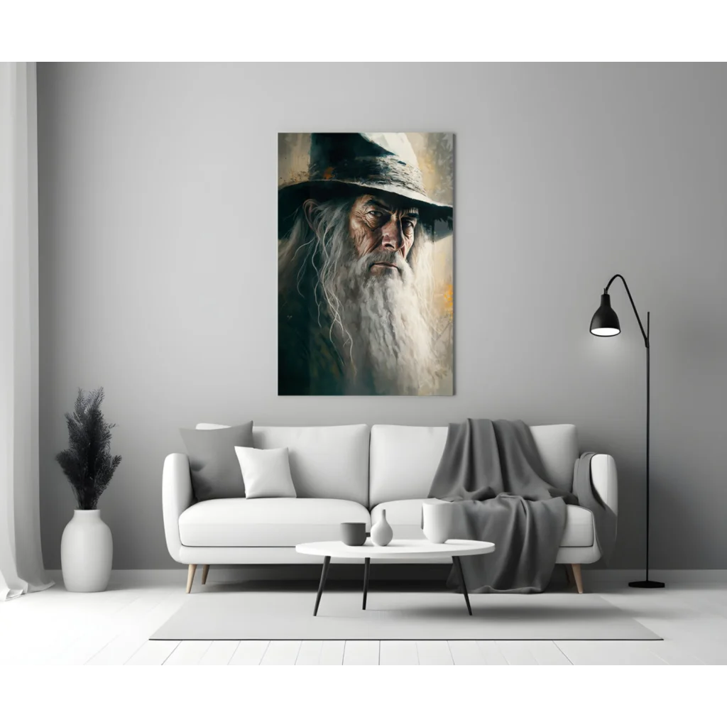 Gandalf the Grey portrait on glass wall art with warm lighting
