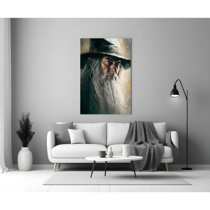 Gandalf the Grey portrait on glass wall art with warm lighting