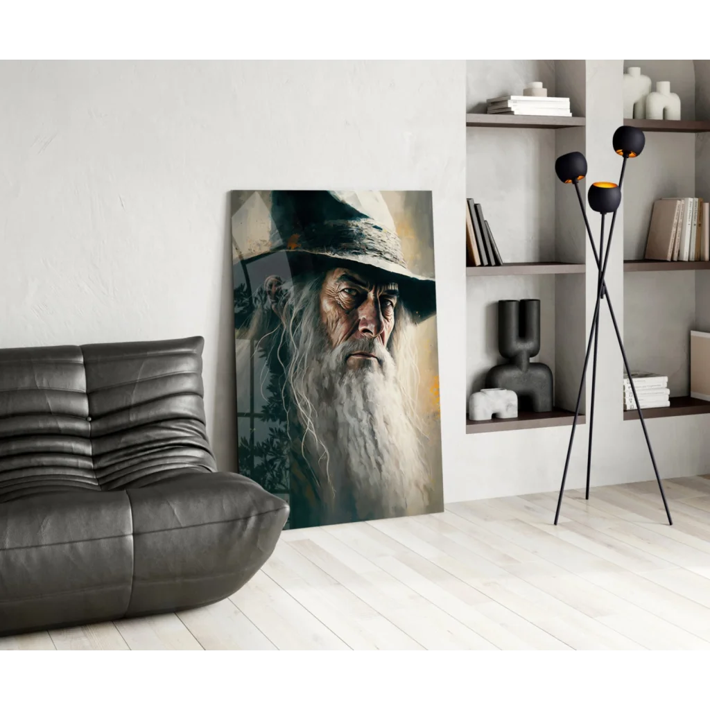 Gandalf the Grey portrait on glass wall art with dramatic lighting